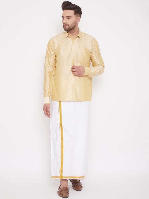 

VASTRAMAY Men Gold-coloured & White Solid Shirt And Mundu Set