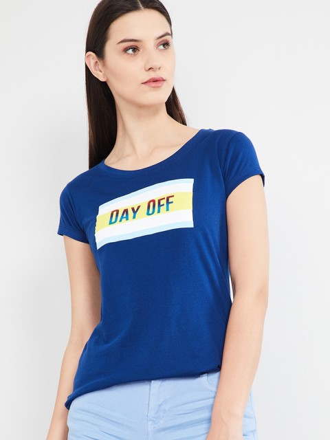 

max Women Blue Solid Boat Neck Cotton T-shirt