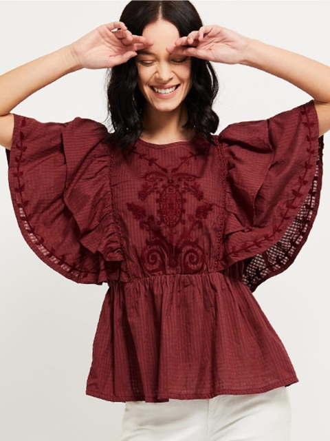 

max Women Maroon Embroidered Cinched Waist Top