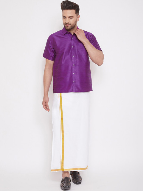 

VASTRAMAY Men Purple & White Solid Relaxed-Fit South Indian Style Shirt & Mundu Set