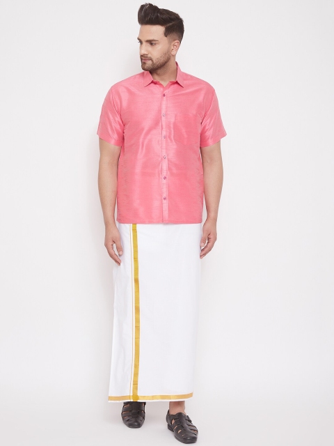 

VASTRAMAY Men Pink & White Solid Relaxed-Fit South Indian Style Shirt & Mundu Set