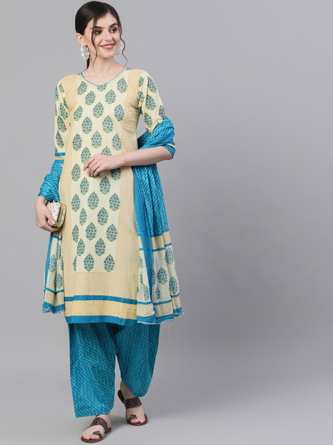 

Ishin Women Beige & Blue Printed Kurta with Trousers & Dupatta