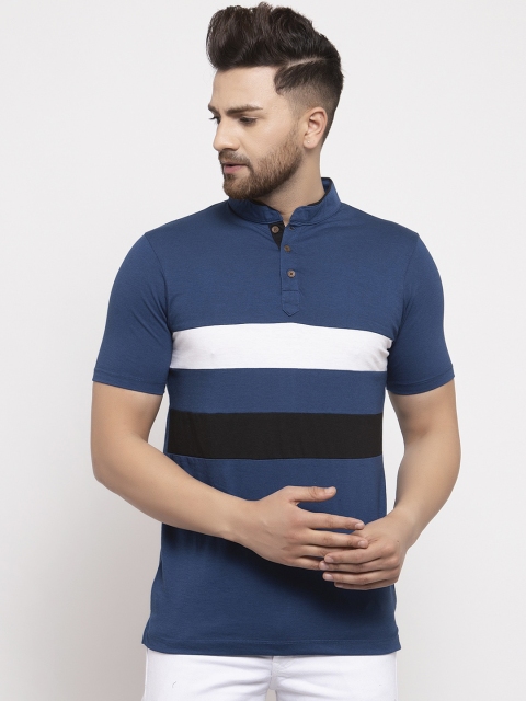 

Kalt Men Blue Colourblocked Mandarin Collar T-shirt
