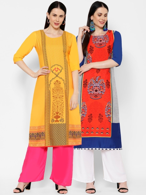 

7Threads Women Pack Of 2 Printed Straight Kurtas, Yellow