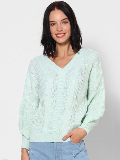 

FOREVER 21 Women Sea Green Self-Design Pullover Sweater
