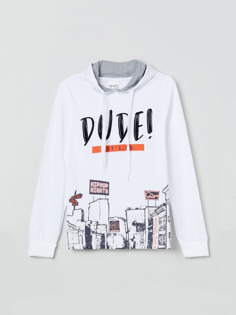 max Boys White Printed Hood Cotton T-shirt