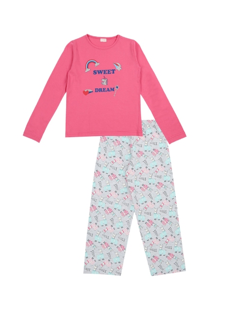 

RAINE AND JAINE Girls Pink & Grey Printed Night Suit