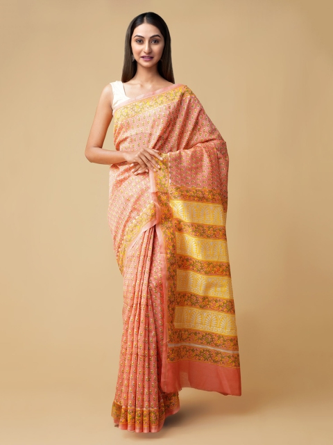 

Unnati Silks Brown & Red Pure Cotton Printed Chanderi Saree