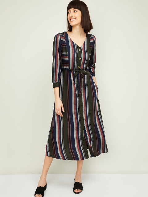 

CODE by Lifestyle Women Navy Blue & Olive Green Striped A-Line Dress