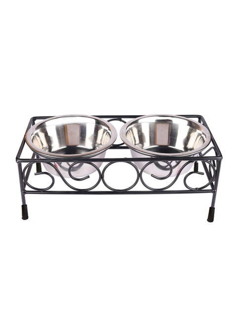 

PETS EMPIRE Set Of 2 Square Shaped Elevated Dog Bowls, Silver