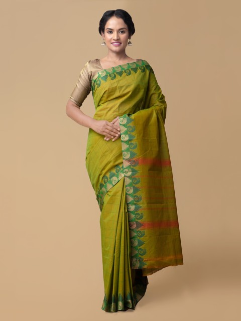 

Unnati Silks Green Pure Cotton Checked Chettinad Saree