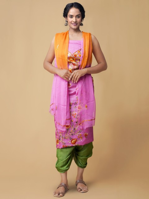 

Unnati Silks Women Pink & Orange Embroidered Pure Handloom Phulkari Sustainable Dress Material