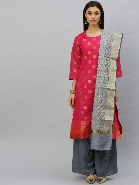 

Ishin Women Pink & Grey Woven Design Unstitched Dress Material