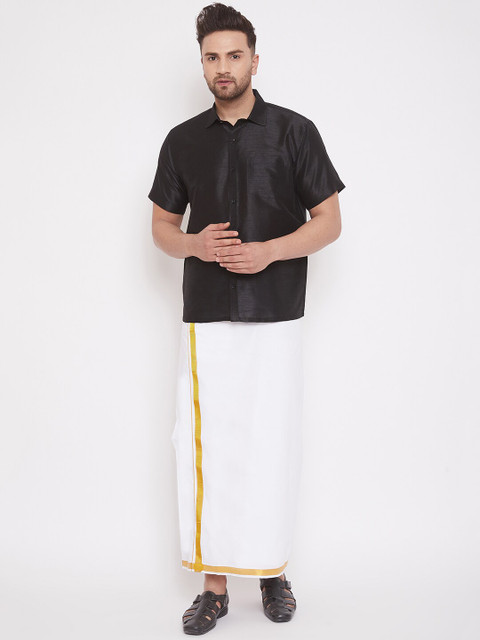 

VASTRAMAY Men Black & White Solid Relaxed-Fit South Indian Style Shirt & Mundu Set