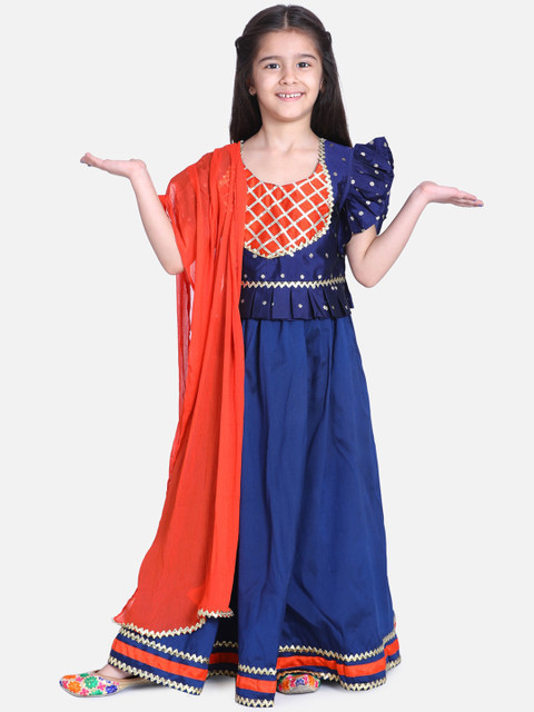 

BownBee Girls Blue & Orange Embellished Ready to Wear Lehenga & Blouse with Dupatta