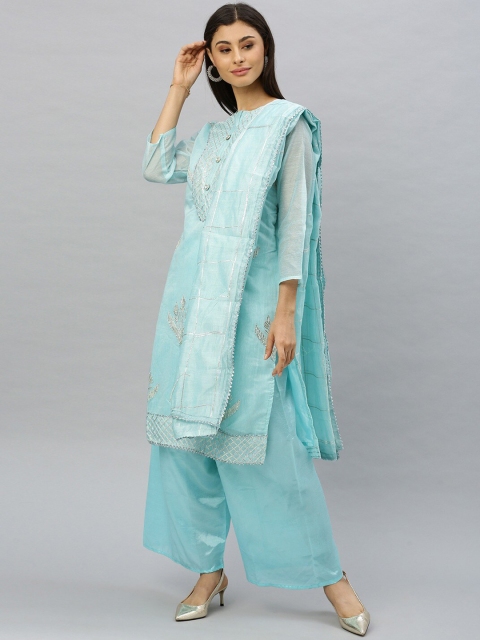 

Ishin Women Blue Gota Patti Embellished Unstitched Salwar Suits Dress Material with Dupatta