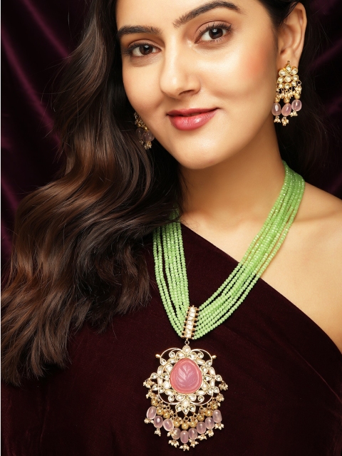 

rubans LUXURY Gold-Plated Green & Pink Kundan Studded Handcrafted Jewellery Set