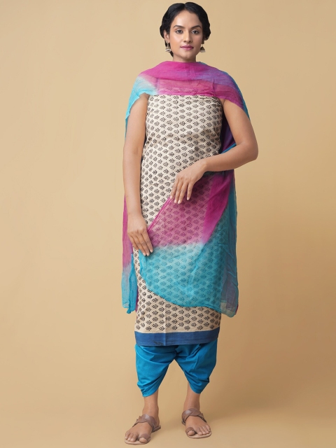 

Unnati Silks Women Cream-Coloured & Turquoise Blue Printed Unstitched Dress Material