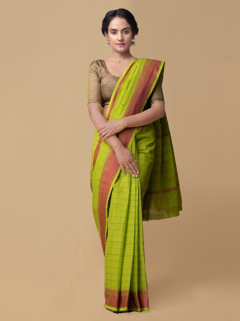 

Unnati Silks Green Pure Cotton Checked Kanjeevaram Saree