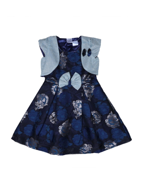 

Doodle Girls Navy Blue Printed Fit and Flare Dress With Shrug