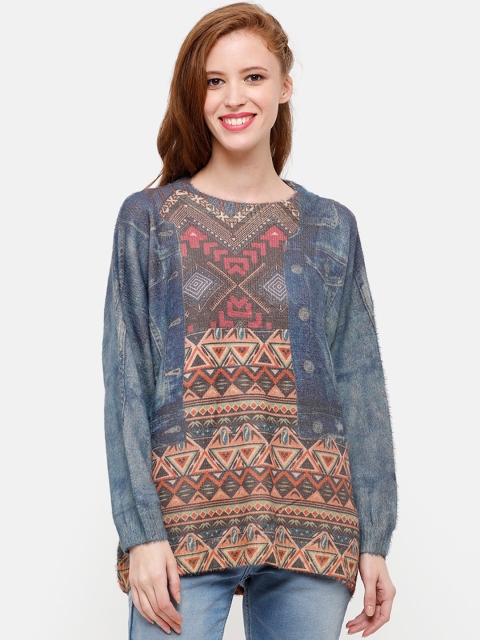 

STROP Women Grey & Red Printed Pullover Sweater