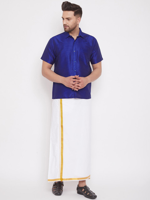 

VASTRAMAY Men Blue & Off-White Solid Shirt With Dhoti