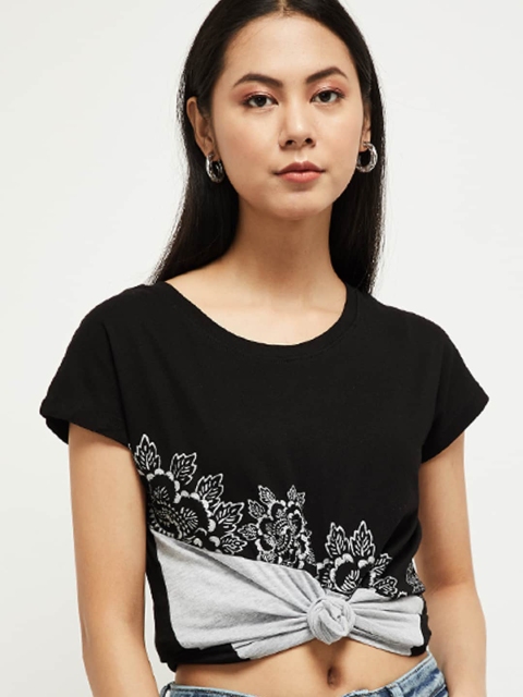 

max Women Black & Grey Colourblocked Pure Cotton Top