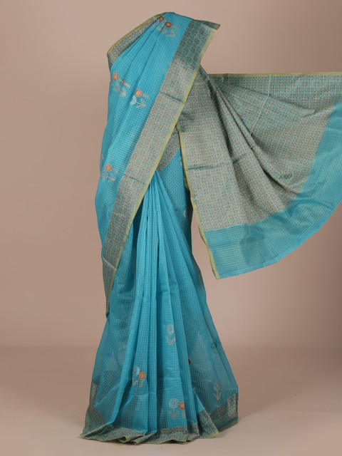 

Pothys Turquoise Blue Checked Saree with Floral Embroidered Ornamentation