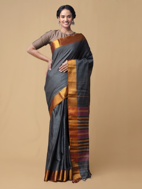 Unnati Silks Charcoal Pure Cotton Solid Narayan Peth Handloom Saree