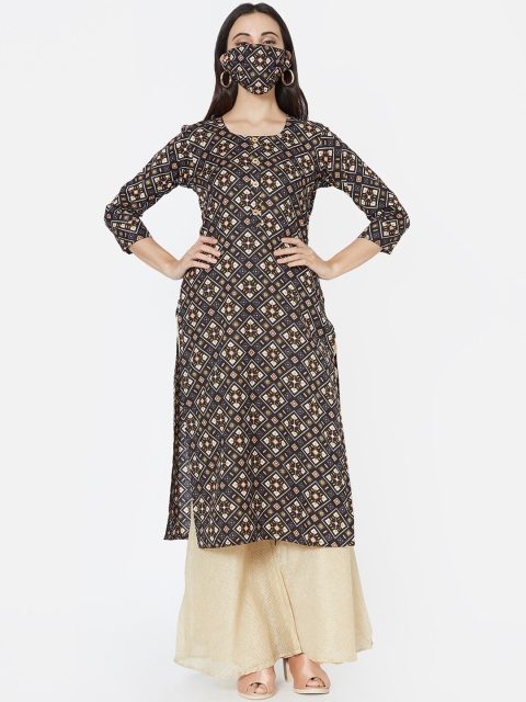 

FASHOR Women Black & Beige Checked Anarkali Kurta & Mask