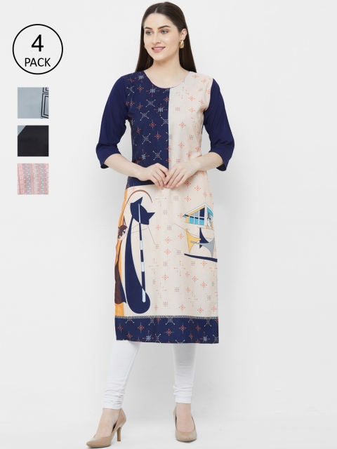 

7Threads Women Pack Of 4 Printed Straight Kurtas, Blue