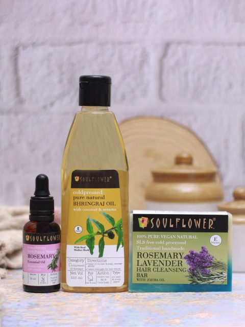 

Soulflower Set of 3 Bhringraj Oil, Rosemary Oil & Rosemary Lavender Hair Cleansing Bar, Multi
