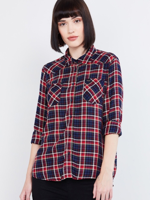

max Women Navy Blue Checked Shirt Style Top