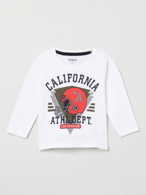 

max Boys White Printed Round Neck Cotton T-shirt