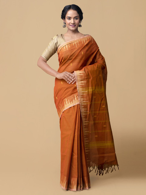 

Unnati Silks Orange & Off-White Pure Cotton Woven Design Kanjeevaram Saree