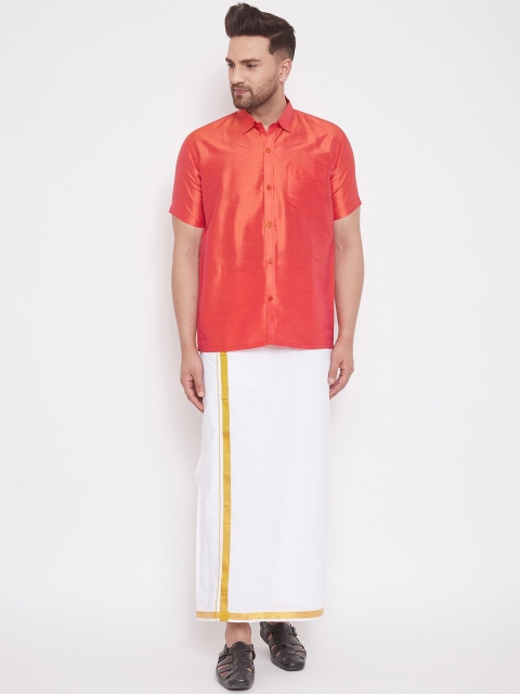 

VASTRAMAY Men Red & White Solid Relaxed-Fit South Indian Style Shirt & Mundu Set