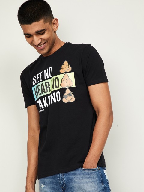 

Smiley World Men Black Printed Round Neck T-shirt