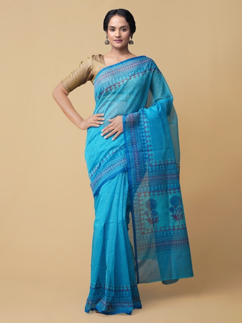 

Unnati Silks Blue Net Hand Block Printed Kota Saree