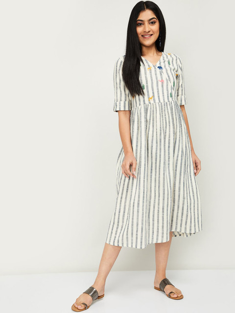 

Colour Me by Melange Women Off-White Striped A-Line Dress