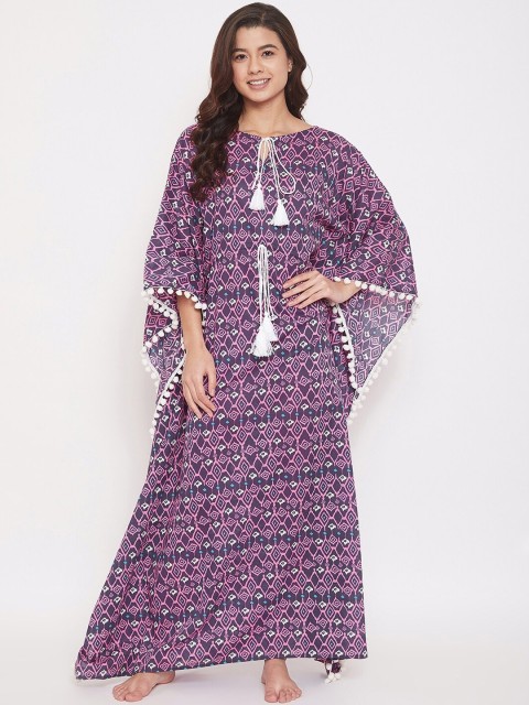 The Kaftan Company Women Violet & White Printed Nightdress