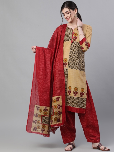 

Ishin Women Beige & Red Cotton Printed Kurta with Salwar & Dupatta