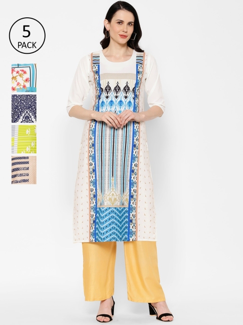 

7Threads Women Pack Of 5 Printed Straight Kurtas, Beige