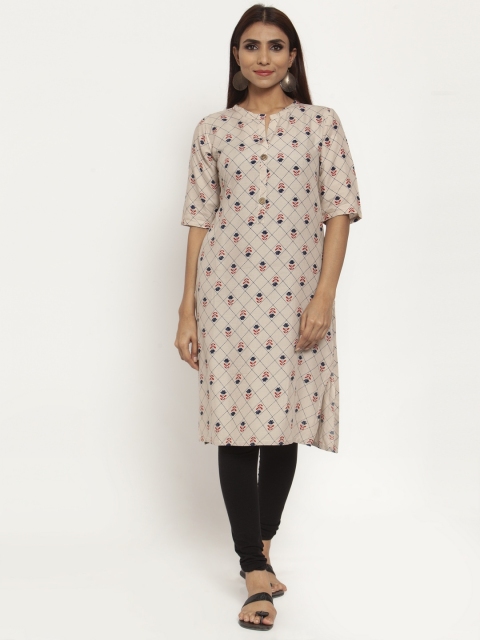

Kiaasa Women Cream-Coloured Printed Straight Kurta