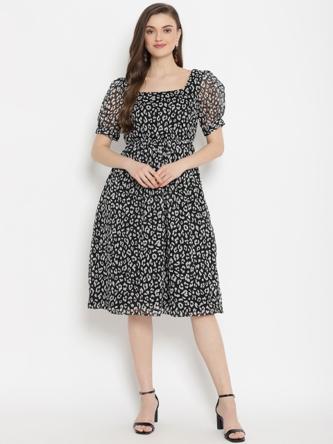 

The Vanca Women Black Printed Fit and Flare Dress