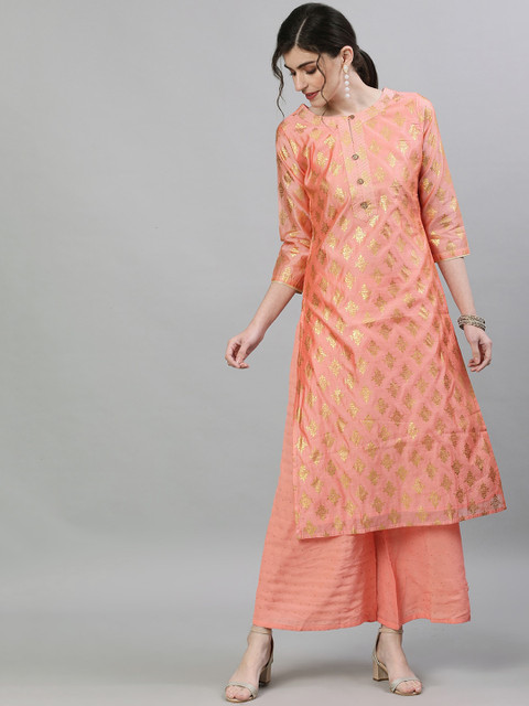 

Ishin Women Peach-Coloured Foil Printed Chanderi Silk Kurta with Palazzos