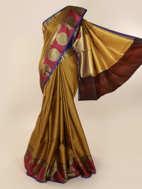 

Pothys Mustard Brown & Pink Cotton Blend Printed Saree