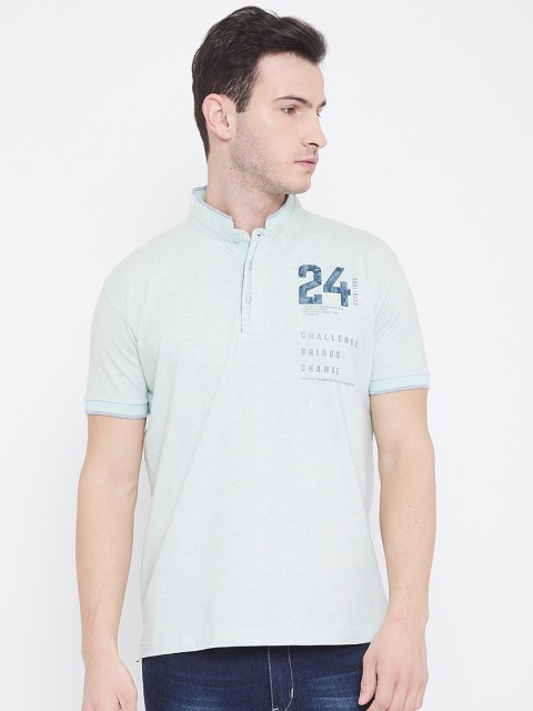 

Duke Men Green Solid Mandarin Collar Cotton T-shirt