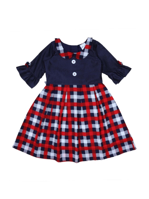 

Doodle Girls Navy Blue & Red Checked Fit and Flare Dress