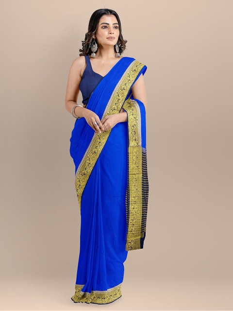 

BharatSthali Blue & Gold-Toned Silk Cotton Solid Banarasi Sustainable Saree