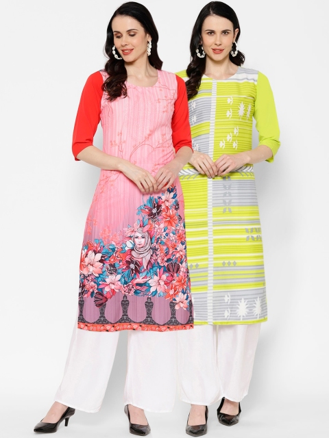 

7Threads Women Pack of 2 Multicoloured Striped Straight Kurtas, Multi